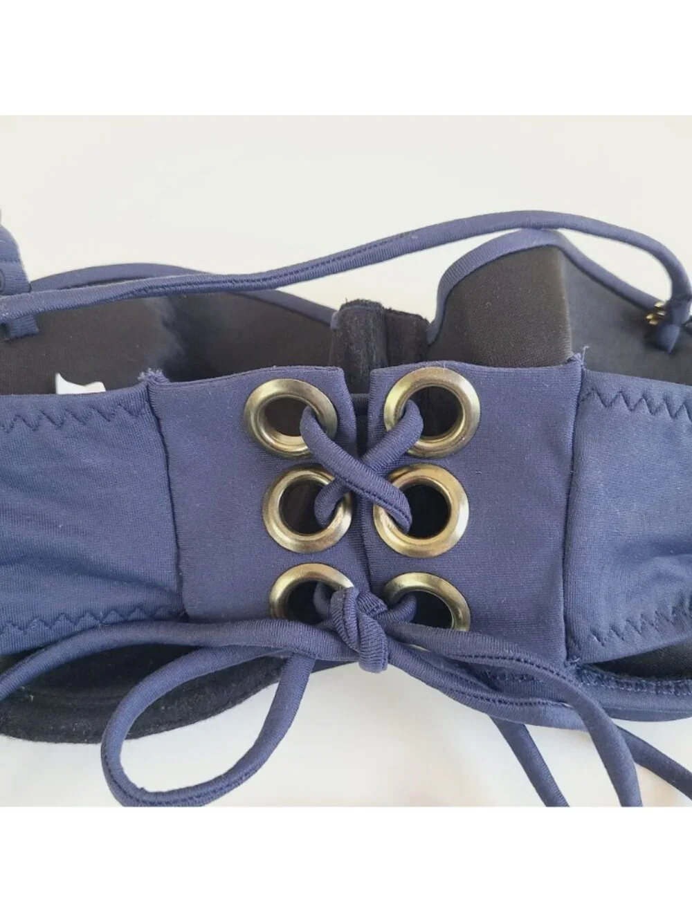 Yandy Navy Blue Bandeau Underwire Bikini Top Lace-Up Back Halter Tie Grommets - Picture 3 of 13